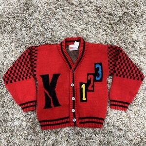 Vtg McKids Red Checkerboard 123 K Cardigan Sweater Kids 5-6 USA Made Retro 90s